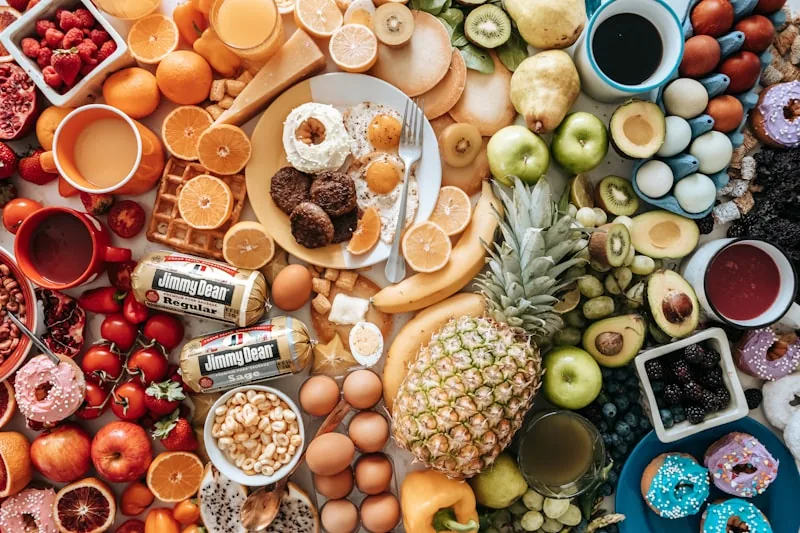 Colorful food spread on table